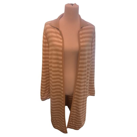 Chicos Jackets & Blazers - Chicos Cardigan Womens Sz 1 Us M Tan White Reversible Open Front Long Sleeve
